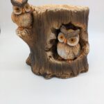 Faux Wood Double Owl in Log Planter