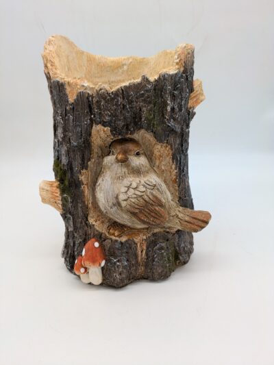 Faux Wood Bird in Log Planter